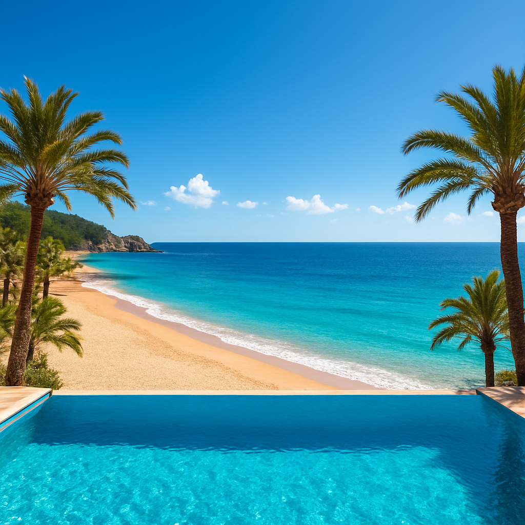 Zonnig strand met turquoise zee en palmbomen