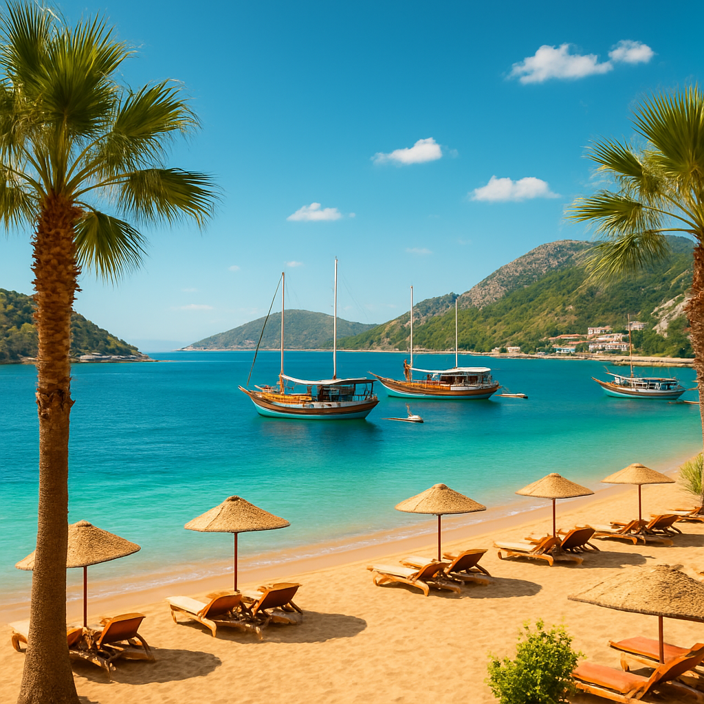 Turkse kust met turquoise baai en boten